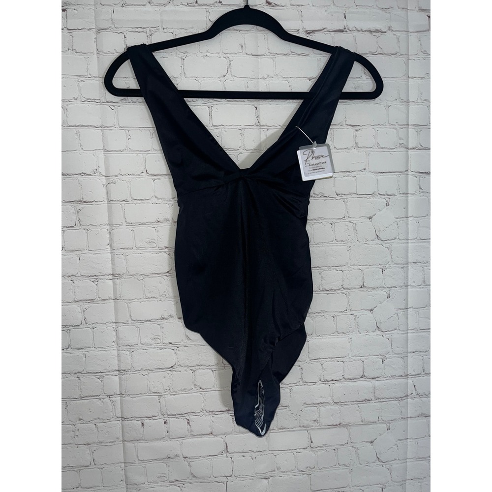 Phie Collective‎ Classic One Piece Swimsuit Black Tie Front Deep V-Neck XS NEW